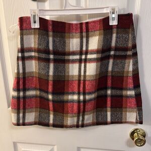 Plaid Wool Blend Skirt - Red, Brown, and White